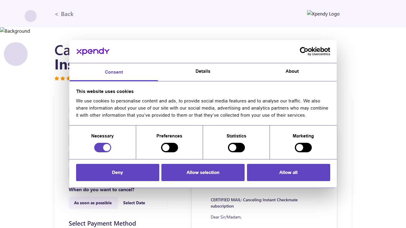 Cancel Instant Checkmate within 2 minutes Xpendy